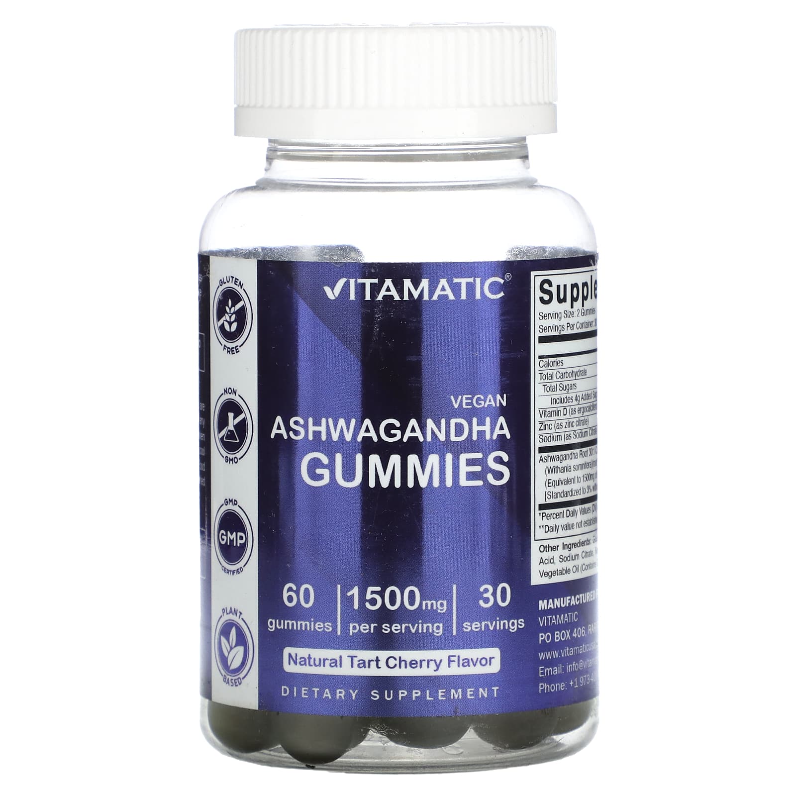 Vitamatic Vegan Ashwagandha Natural Tart Cherry 1500 Mg 60 Gummies 750 Mg Per Gummy 7098