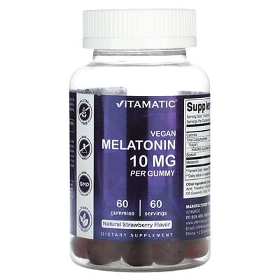 Vitamatic, Vegan Melatonin, Natural Strawberry Flavor, 10 mg, 60 Gummies