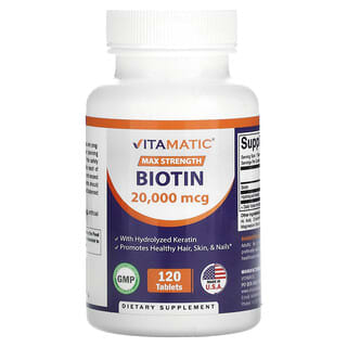 Vitamatic, Biotina, Concentración máxima, 20.000 mcg, 120 comprimidos