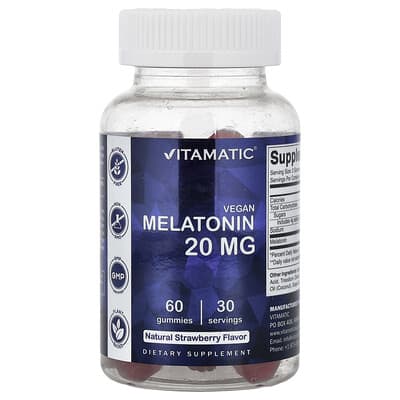 Vitamatic, Vegan Melatonin Gummies, Natural Strawberry Flavor, 60 Gummies (10 mg Each Gummy)