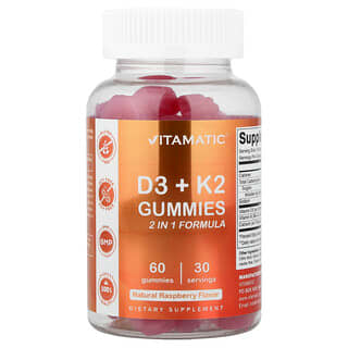 Vitamatic, Жевательные мармеладки D3 + K2, натуральная малина, 60 жевательных таблеток