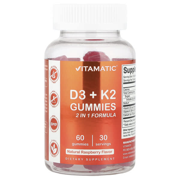 Vitamatic D3 + K2 Gummies, Natural Raspberry, 60 Gummies