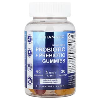 Vitamatic, Probiotik + Prebiotic Gummies, Şəkərsiz, Təbii Portağal və Çiyələk, 60 Gummies (1 Gummy başına 2,5 Milyard CFU)