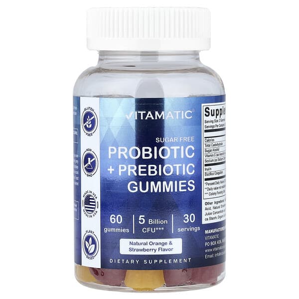 Vitamatic, 프로바이오틱 + 프리바이오틱 구미젤리, 무설탕, 천연 오렌지 및 딸기, 구미젤리 60개(구미당 25억CFU)