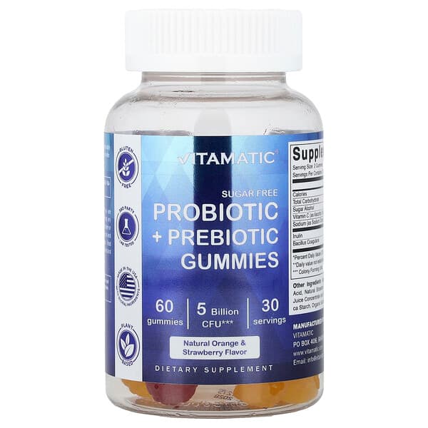 Vitamatic, Probiotic + Prebiotic Gummies, Sugar Free, Natural Orange & Strawberry, 60 Gummies (2.5 Billion CFU per Gummy) — product photo 1