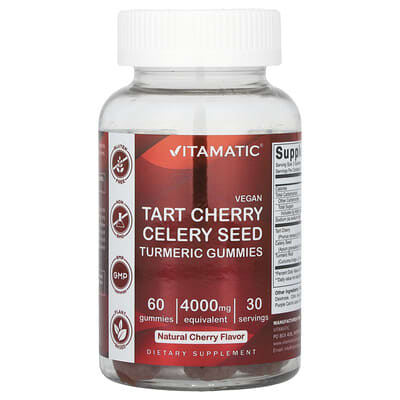 Vitamatic, Vegan, Tart Cherry Celery Seed Turmeric Gummies, Natural Cherry, 60 Gummies