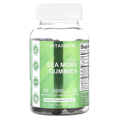 Vitamatic, Vegan Sea Moss Gummies, Natural Raspberry, 60 Gummies