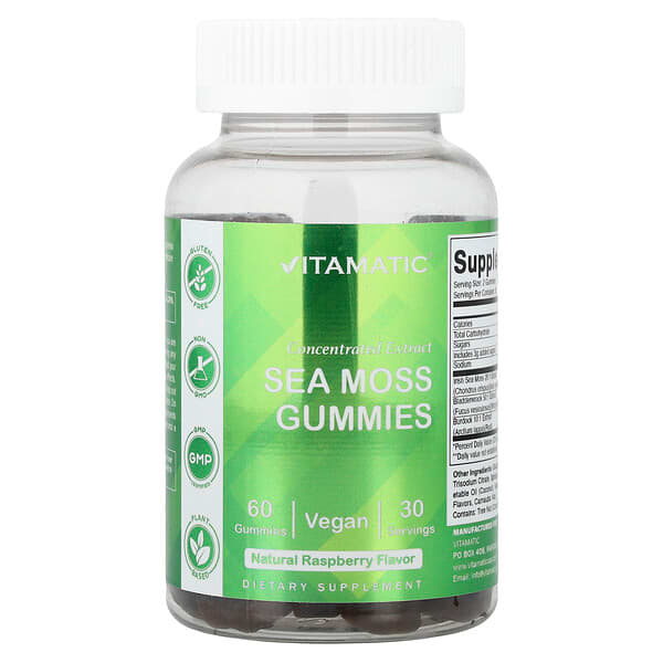 Vitamatic, Sea Moss Gummies, Natural Raspberry, 60 Gummies