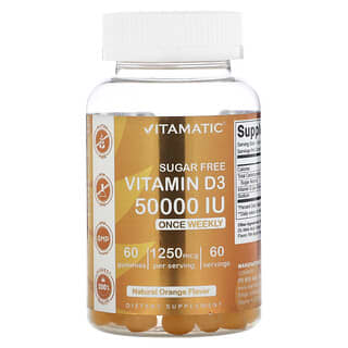 Vitamatic, Vitamina D3, Sin azúcar, Naranja, 1250 mcg (50.000 UI), 60 gomitas