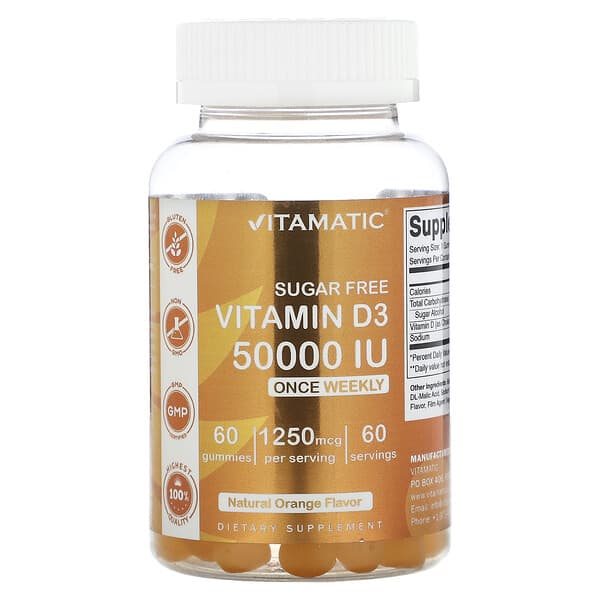 Vitamatic, Sugar Free Vitamin D3, Natural Orange, 1,250 mcg (50,000 IU