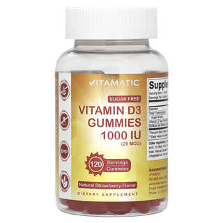 Vitamatic, Gommes à la vitamine D3, à la fraise naturelle, 1000 UI (25 µg), 120 gommes