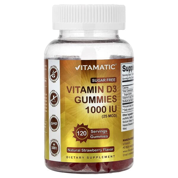 Vitamatic Vitamin D3 Gummies, Natural Strawberry, 1000 IU (25 mcg), 120 Gummies