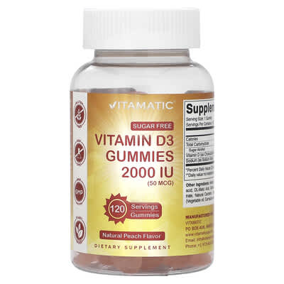Vitamatic, Vitamin D3 Gummies, Natural Peach Flavor, 2000 IU (50 mcg), 120 Gummies