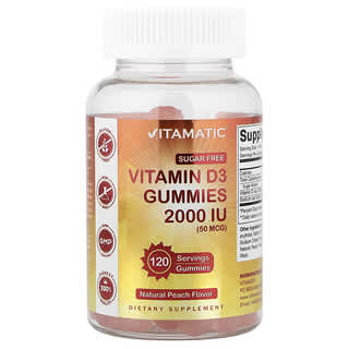Vitamatic, Gomitas de vitamina D3, Sabor natural a melocotón, 2000 UI (50 mcg), 120 gomitas