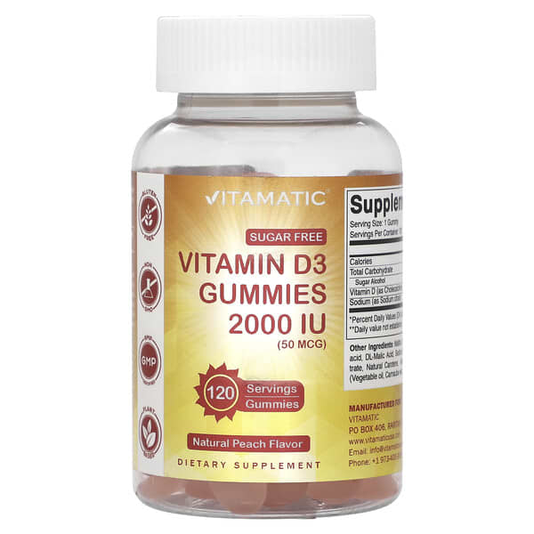 Vitamatic Vitamin D3 Gummies, Natural Peach Flavor, 2000 IU (50 mcg), 120 Gummies