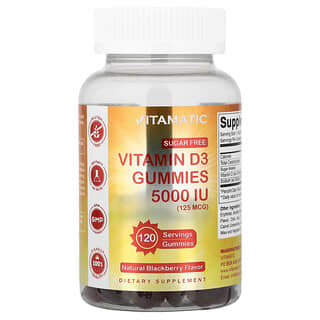 Vitamatic, Vitamin D3 Gummies, Vitamin-D3-Fruchtgummis, zuckerfrei, natürliche Brombeere, 125 mcg (5.000 IU), 120 Fruchtgummis