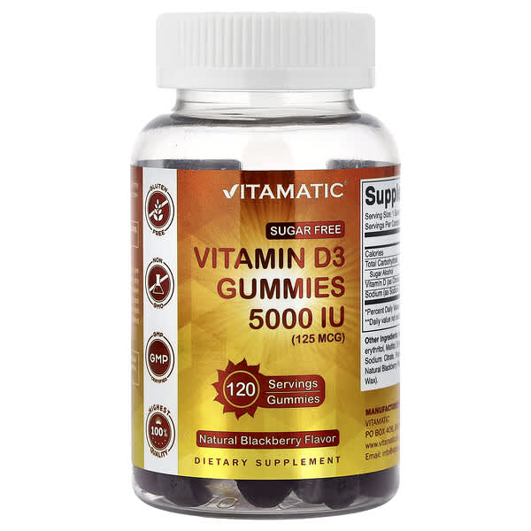 Vitamatic, 비타민D3 구미젤리, 설탕 무함유, 천연 블랙베리, 125mcg(5,000IU), 구미젤리 120개