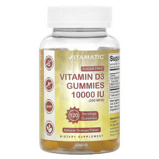 Vitamatic, Vitamine D3 sans sucre, Orange naturelle, 250 µg (10 000 UI), 120 gommes