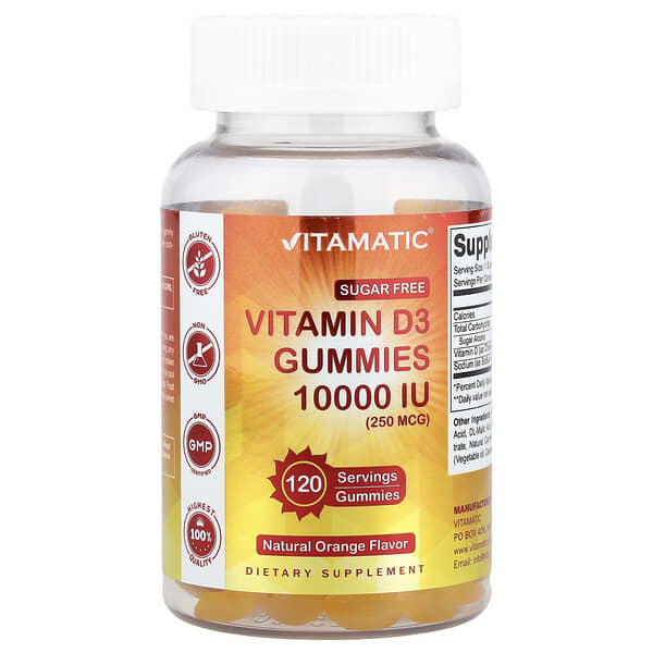 Vitamin D3 Gummies, Natural Orange, 250 mcg (10000 IU), 120 Gummies
