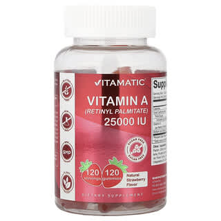 Vitamatic, Vitamine A (retinylpalmitaat), natuurlijke aardbei, 25.000 IE, 120 gummies