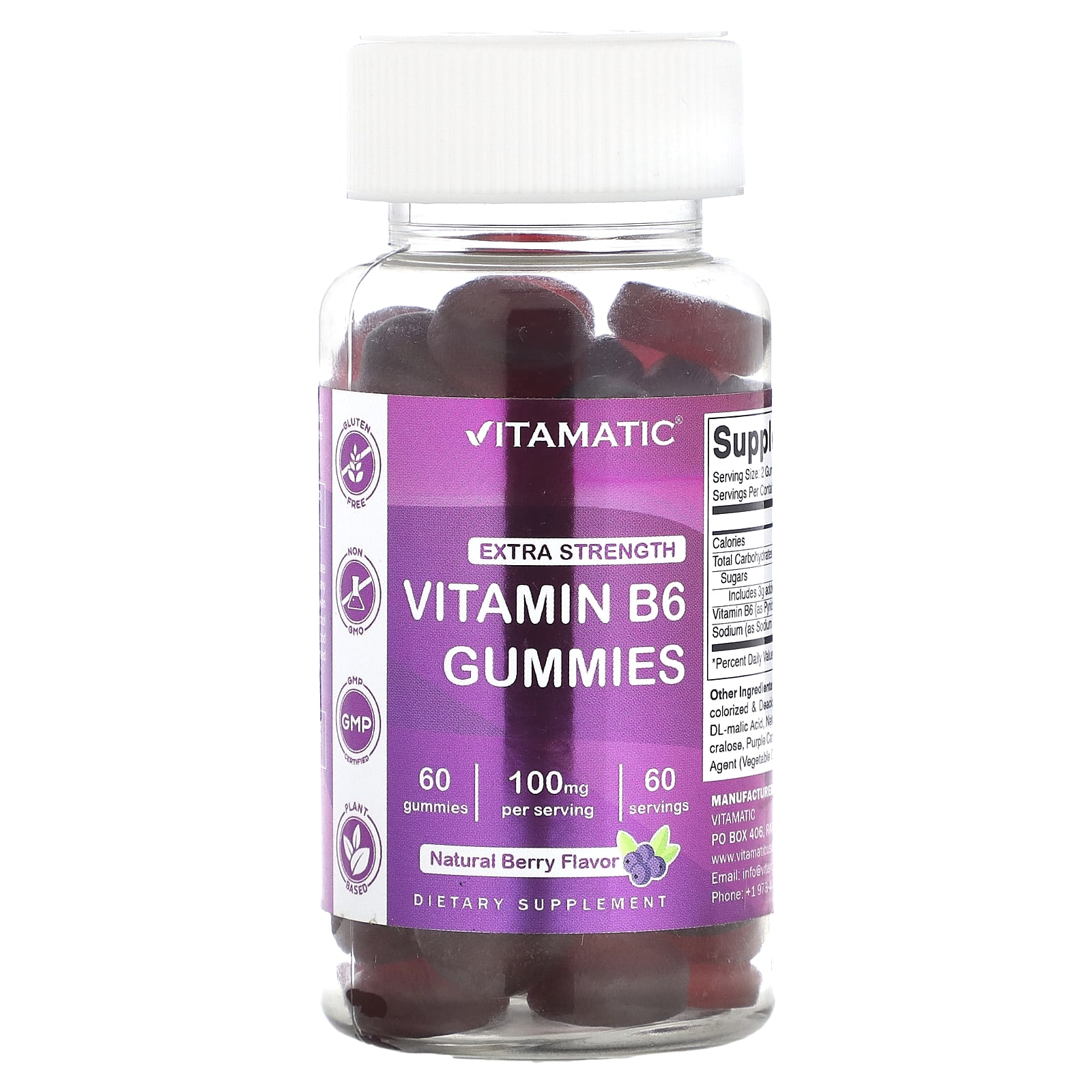 Vitamatic, Vitamin B6, Extra Strength, Berry, 100 mg, 60 Gummies (50 mg ...