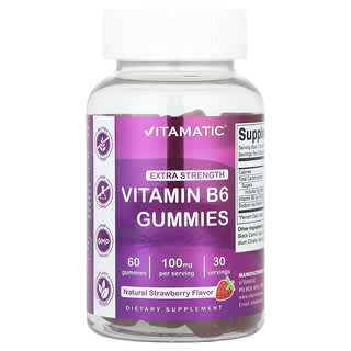 Vitamatic, Vitamin B6, Extra Strength, Natural Strawberry, 100 mg, 60 Gummies (50 mg Per Gummy)