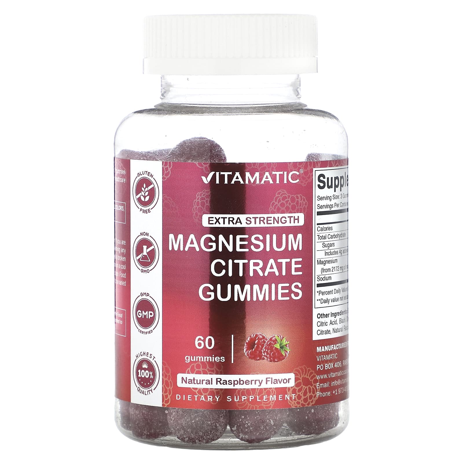 Vitamatic, Magnesium Citrate Gummies, Extra Strength, Natural Raspberry