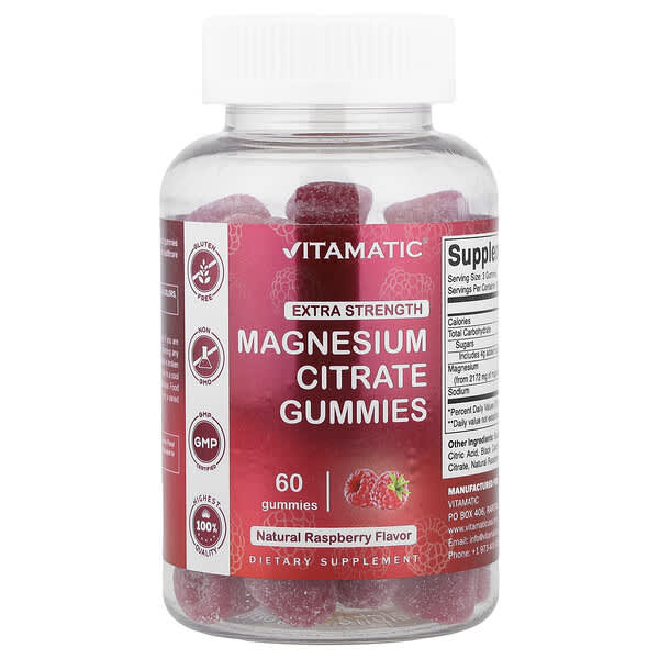 Vitamatic, 마그네슘시트레이트, 천연 라즈베리 맛, 구미젤리 60개