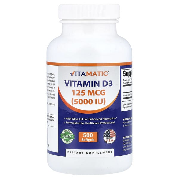 Vitamatic, Vitamin D3, 125 mcg (5,000 IU), 500 Softgels — product photo 1