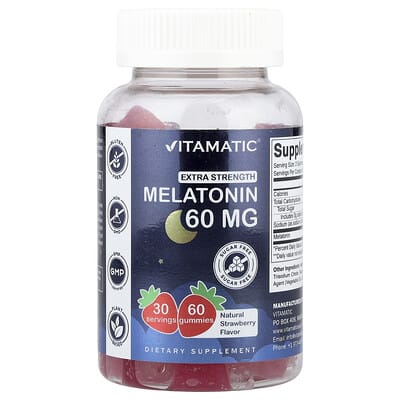 Vitamatic, Melatonin Gummies, Natural Strawberry Flavor, Sugar-Free, 60 mg, 60 Gummies