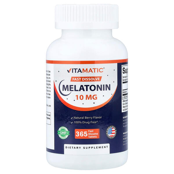 Vitamatic, Melatonin, naturligt bär, 10 mg, 365 snabblösliga tabletter