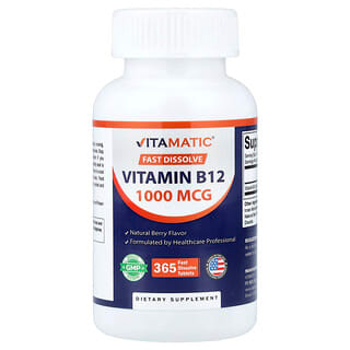 Vitamatic, Vitamín B12, bobuľové ovocie, 1 000 mcg, 365 rýchlo rozpustných tabliet