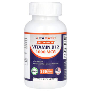 Vitamatic, Vitamina B12 de Dissolução Rápida, Fruto Silvestre, 1.000 mcg, 365 Comprimidos de Dissolução Rápida
