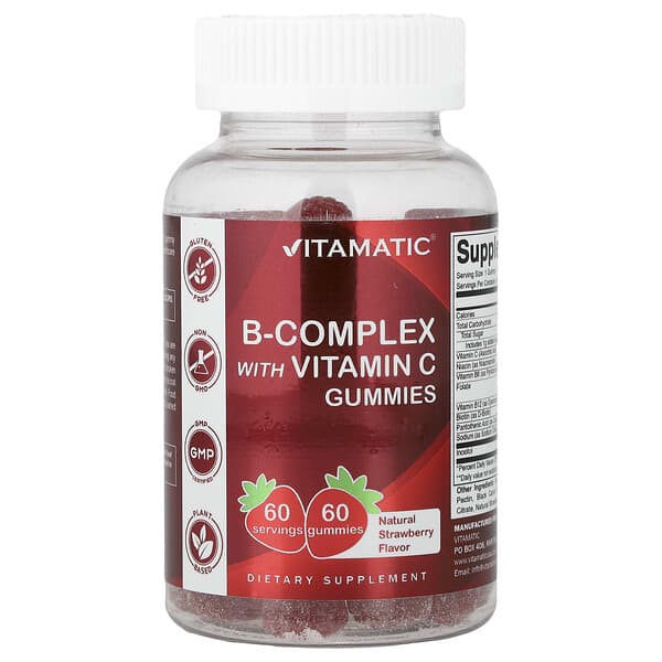 Vitamatic, B-복합체, 비타민C 함유 구미젤리, 천연 딸기 맛, 구미젤리 60개