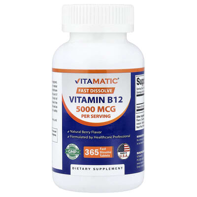 Vitamatic, Vitamin B12, Natural Berry Flavor, 5000 mcg, 365 Rapid Dissolve Tablets (2500 mcg each)