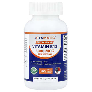 Vitamatic, B12 Vitamini, Doğal Berry, 5.000 mcg, 365 Hızlı Çözünen Tablet (Tablet başına 2.500 mcg)