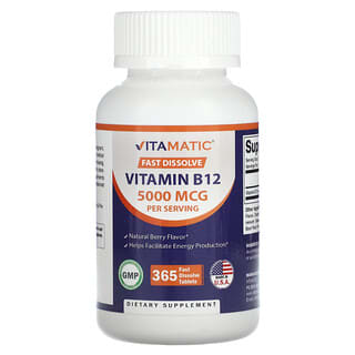 Vitamatic, Vitamina B12, Bayas naturales, 5000 mcg, 365 comprimidos de disolución rápida (2500 mcg por comprimido)