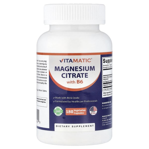 Vitamatic, 마그네슘시트레이트, B6 함유, 베지 캡슐 180정