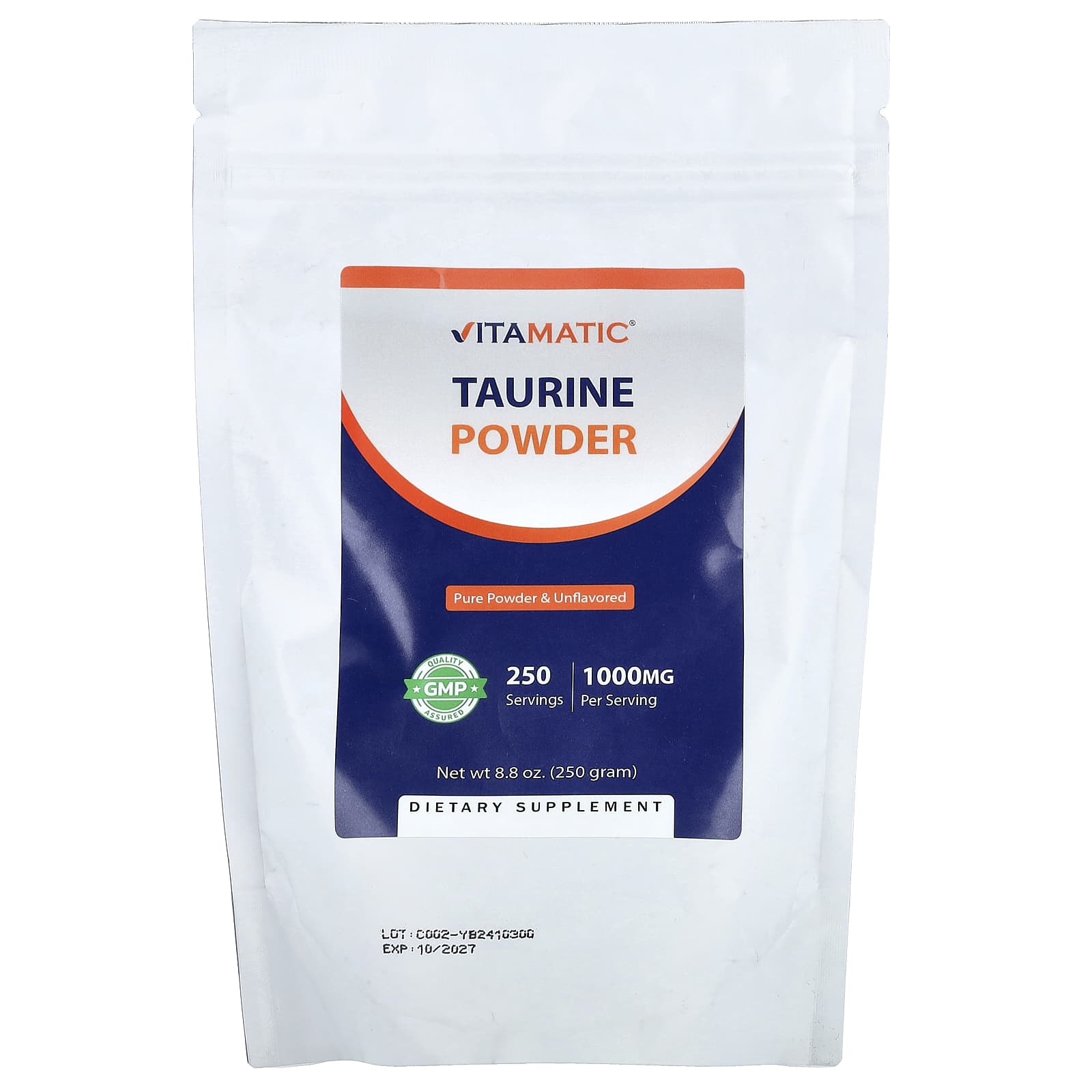 Vitamatic, таурин в порошке, без добавок, 250 г (8,8 унции)