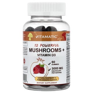Vitamatic, 12 ефективних грибів і вітамін D3, натуральна малина й гранат, 60 жувальних мармеладок
