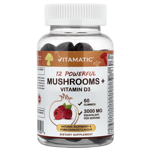 Vitamatic, 강력한 12가지 버섯, 비타민D3, 천연 라즈베리 및 석류, 구미젤리 60개