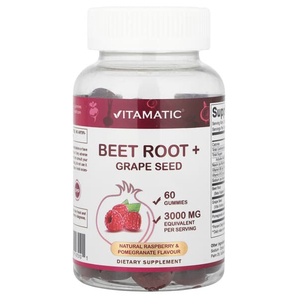 Vitamatic Beet Root + Grape Seed Gummies, Natural Raspberry & Pomegranate, 60 Gummies