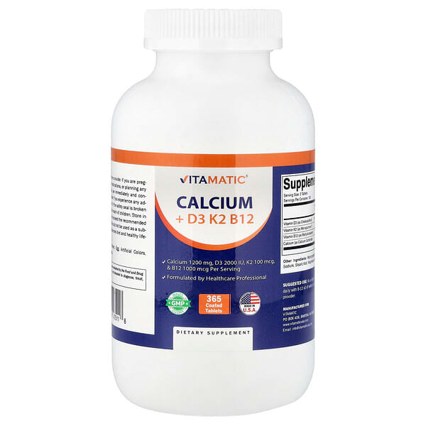 Vitamatic, Calcium + vitamine D3, vitamine K2, vitamine B12, 365 comprimés enrobés