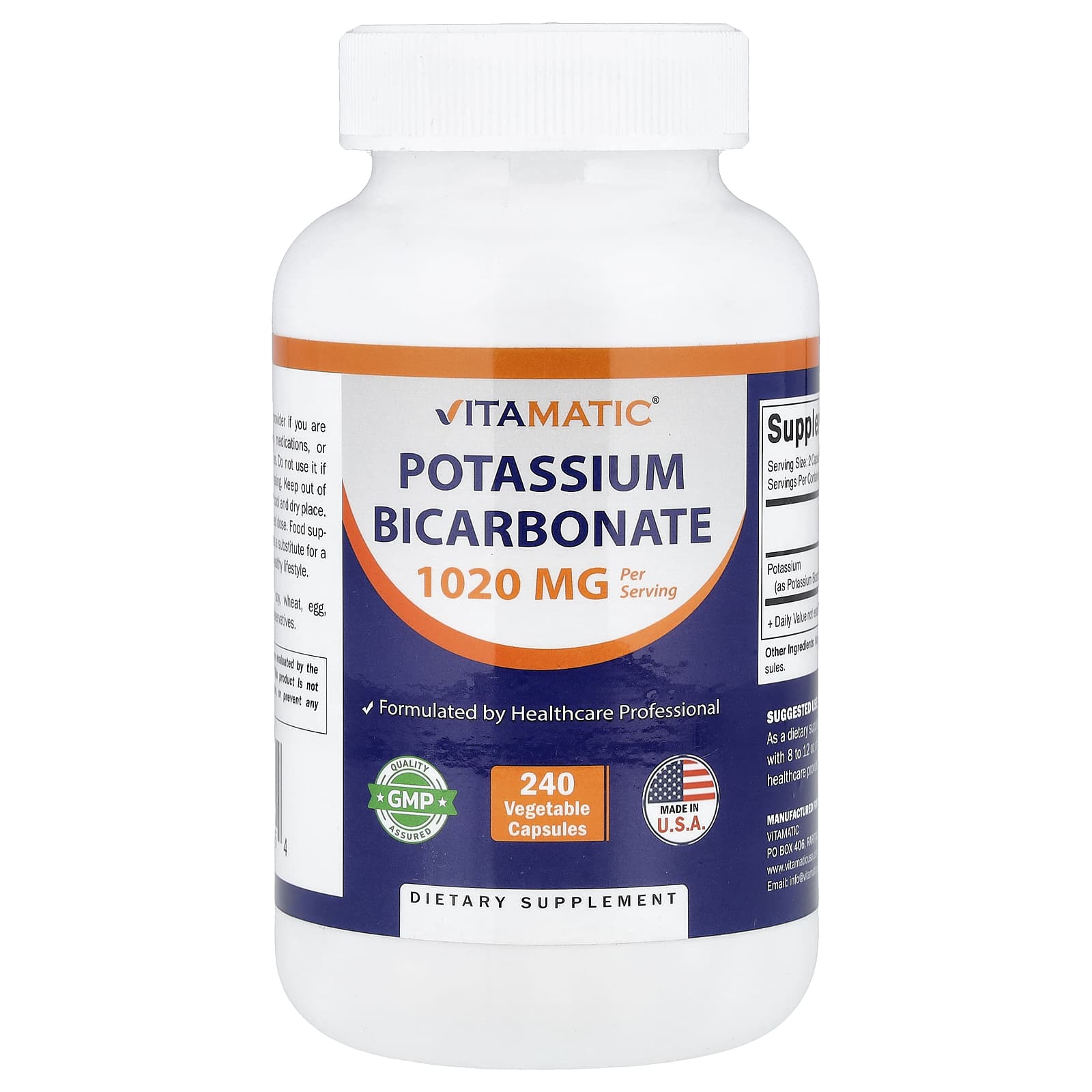 Vitamatic, бикарбонат калия, 240 вегетарианских капсул (510 мг в 1 капсуле)