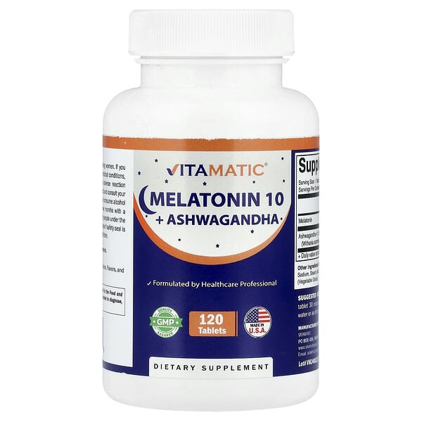 Vitamatic, 멜라토닌 10 + 아슈와간다, 120정