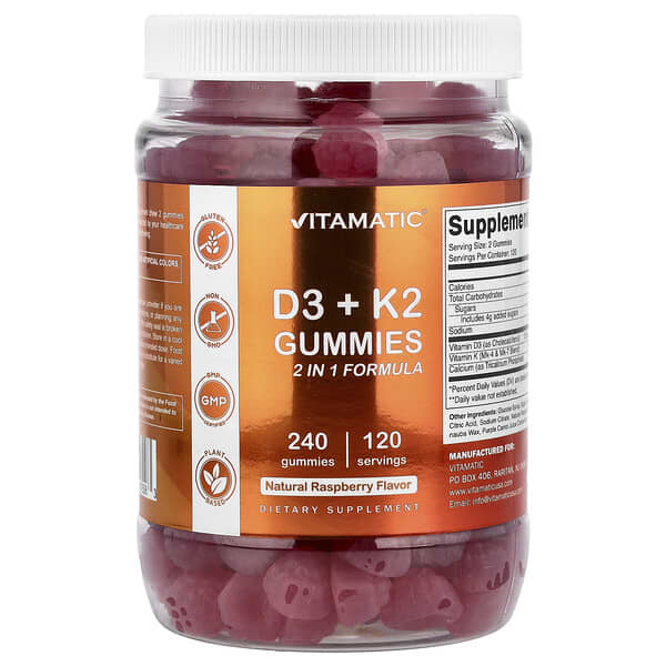Vitamatic, D3 + K2 軟糖，天然樹莓味，240 粒