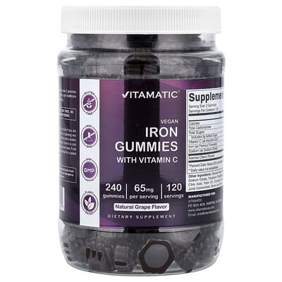 Vitamatic, Vitamin C, Vegan Iron Gummies, Grape Flavor, 240 Gummies