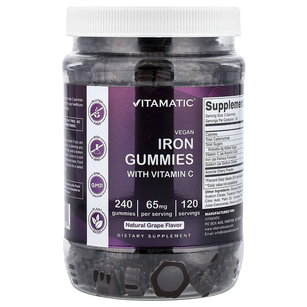 Vegan Iron Gummies with Vitamin C, Grape, 240 Gummies