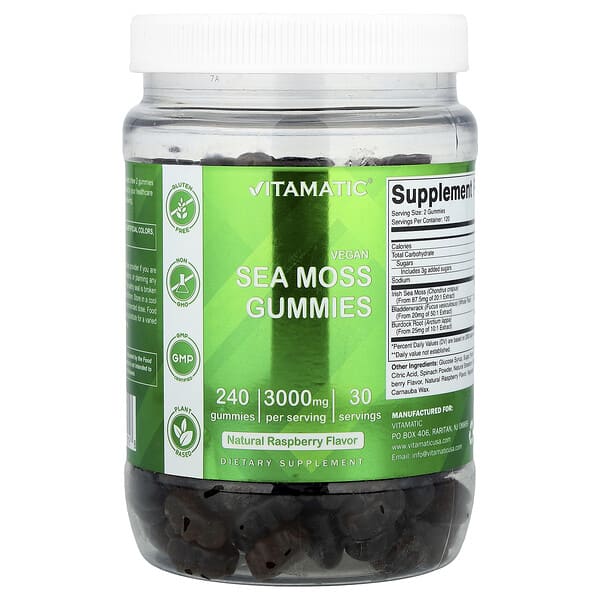 Vitamatic Vegan Sea Moss Gummies, Natural Raspberry, 240 Gummies