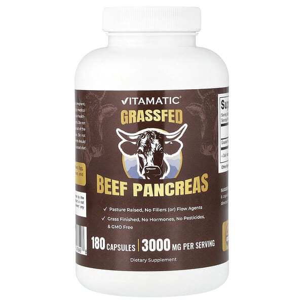 Vitamatic, Grassfed Beef Pancreas, 180 Capsules (500 mg per Capsule) — product photo 1